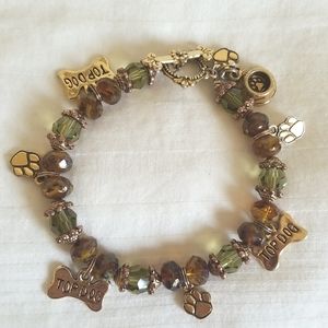 Gold Top Dog Beaded Charm Bracelet Paw Print Bowl